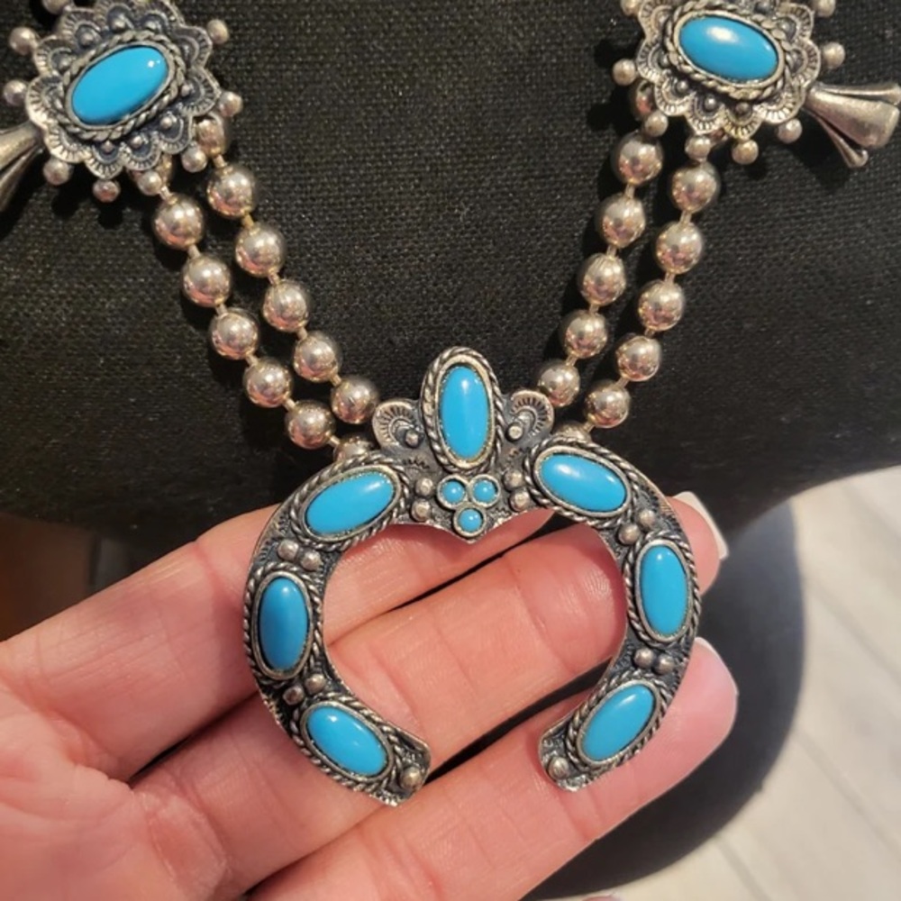 Vintage Southwest Squash Blossom Faux Turquoise & Silver-tone Necklace. 60’s